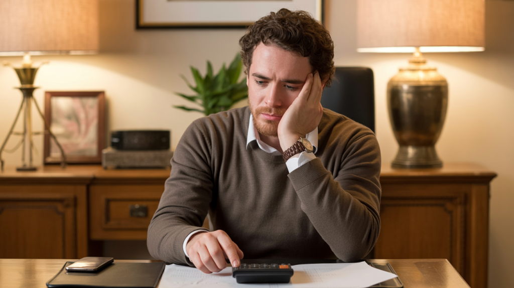 Um empresário de bruços sobre uma mesa, com um rosto decepcionado com sua contabilidade